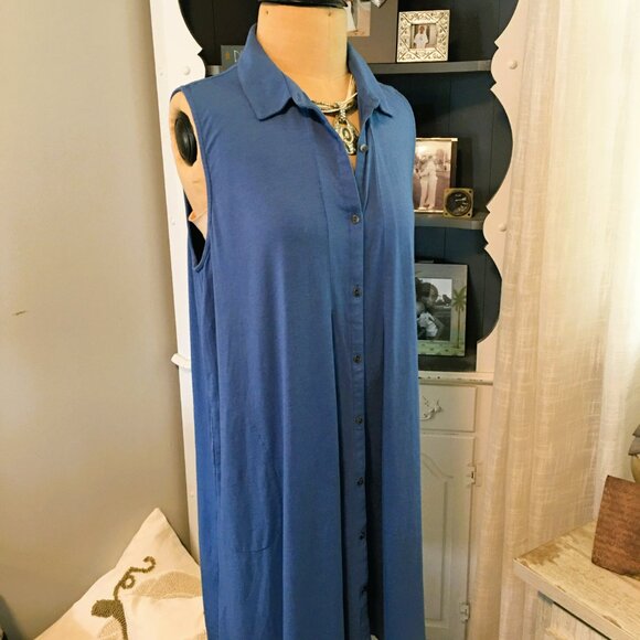 J Jill Swing Dress Size XL Button Down A-Line Pima Cotton Blue - Picture 3 of 7